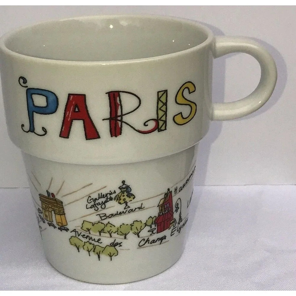 WORLD MARKET 6 COFFEE CUPS with Metal holder NYC/SAN Fran, Paris Rome,‎ Shaghia